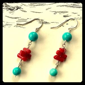 NWT Turquoise & Red Coral Silver Drop Earrings